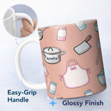 Personalized Custom Name Cute Kitchen Utensils Apron Cooking Theme Peach Seamless Pattern 11oz Ceramic Coffee Tea Mug White Large Handle
