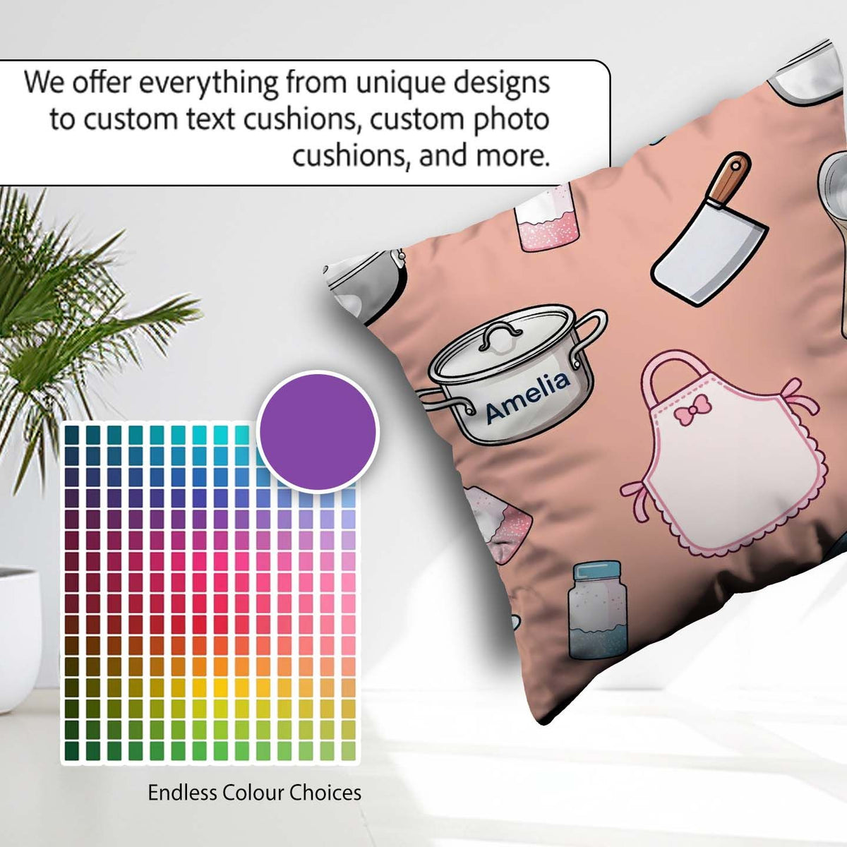Custom Name Utensils Apron Cooking Theme Peach Seamless Pattern Square Filled Cushion Throw Pillow Sofa Bed Home Decor Zip Washable UK Made