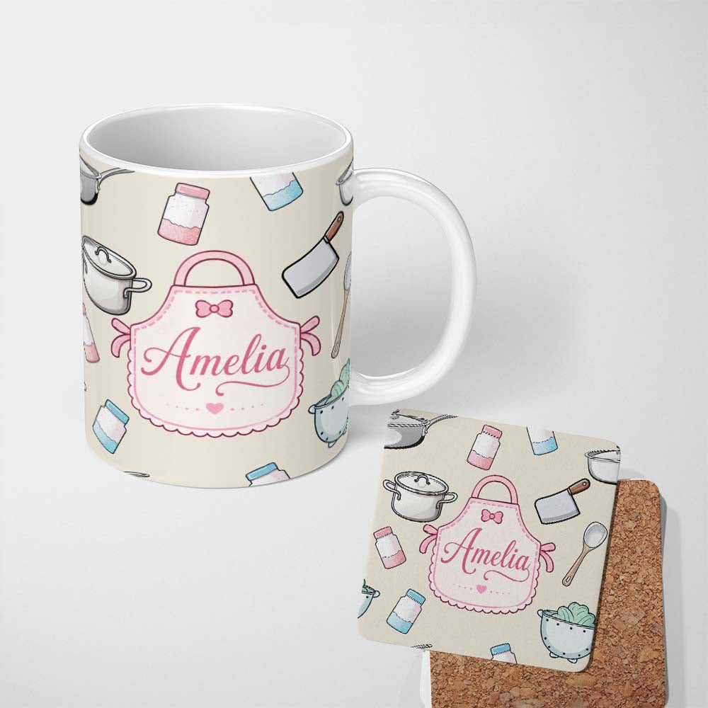 Personalized Custom Name Cute Kitchen Utensils Apron Cooking Seamless Pattern Name Unique 11oz Ceramic Coffee Tea Mug White Large Handle