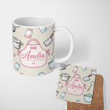 Personalized Custom Name Cute Kitchen Utensils Apron Cooking Seamless Pattern Name Unique 11oz Ceramic Coffee Tea Mug White Large Handle