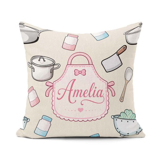 Custom Name Cute Utensils Apron Cooking Seamless Pattern Name Square Filled Cushion Throw Pillow Sofa Bed Home Decor Zip Washable UK Made