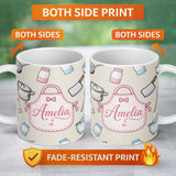 Personalized Custom Name Cute Kitchen Utensils Apron Cooking Seamless Pattern Name Unique 11oz Ceramic Coffee Tea Mug White Large Handle