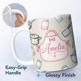 Personalized Custom Name Cute Kitchen Utensils Apron Cooking Seamless Pattern Name Unique 11oz Ceramic Coffee Tea Mug White Large Handle