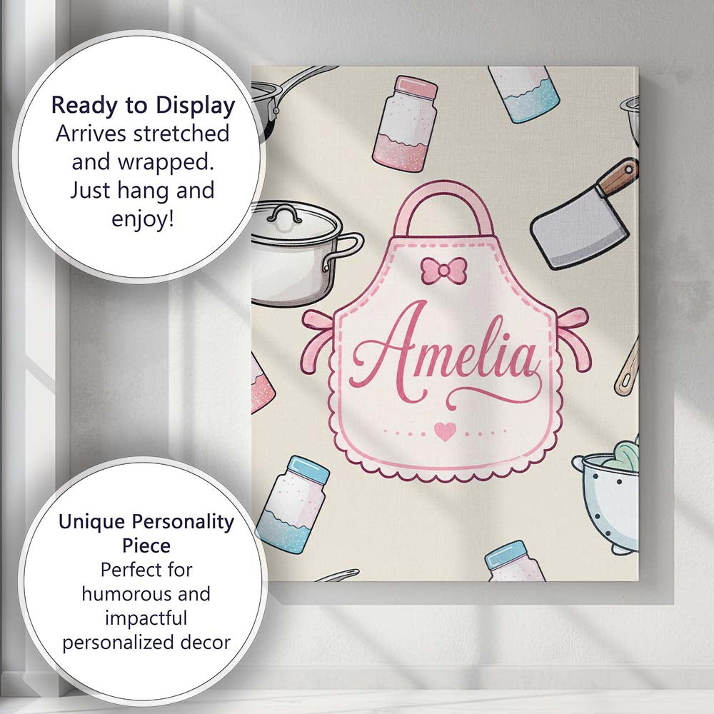 Personalised Name Cute Utensils Apron Custom Modern Room Accent Creative Decorator Style Canvas Wall Art Print Decor Picture Ready to Hang