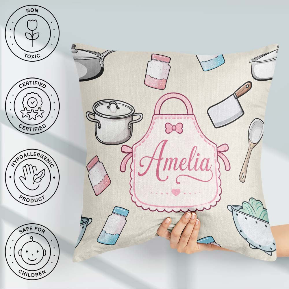 Custom Name Cute Utensils Apron Cooking Seamless Pattern Name Square Filled Cushion Throw Pillow Sofa Bed Home Decor Zip Washable UK Made