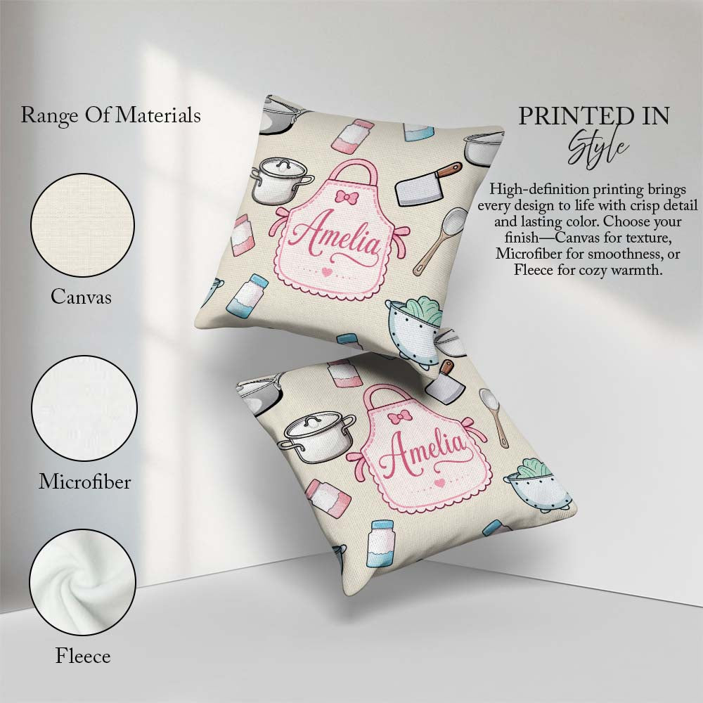 Custom Name Cute Utensils Apron Cooking Seamless Pattern Name Square Filled Cushion Throw Pillow Sofa Bed Home Decor Zip Washable UK Made