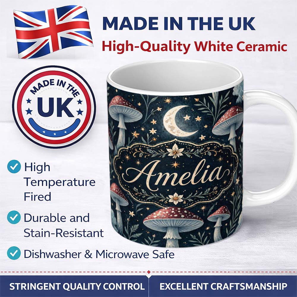 Personalized Custom Name Magical Mushroom Crescent Moon Night Seamless Pattern Lovely 11oz Ceramic Coffee Tea Mug White Large Handle