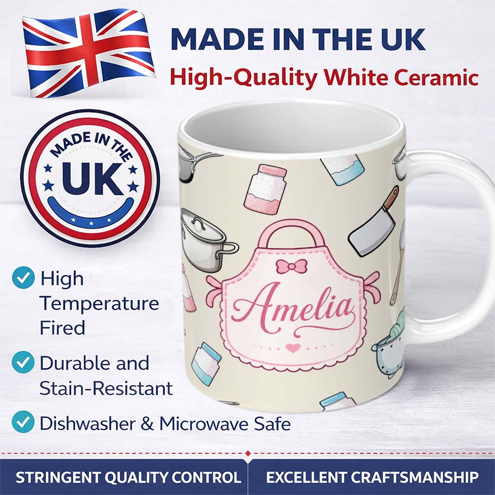 Personalized Custom Name Cute Kitchen Utensils Apron Cooking Seamless Pattern Name Unique 11oz Ceramic Coffee Tea Mug White Large Handle