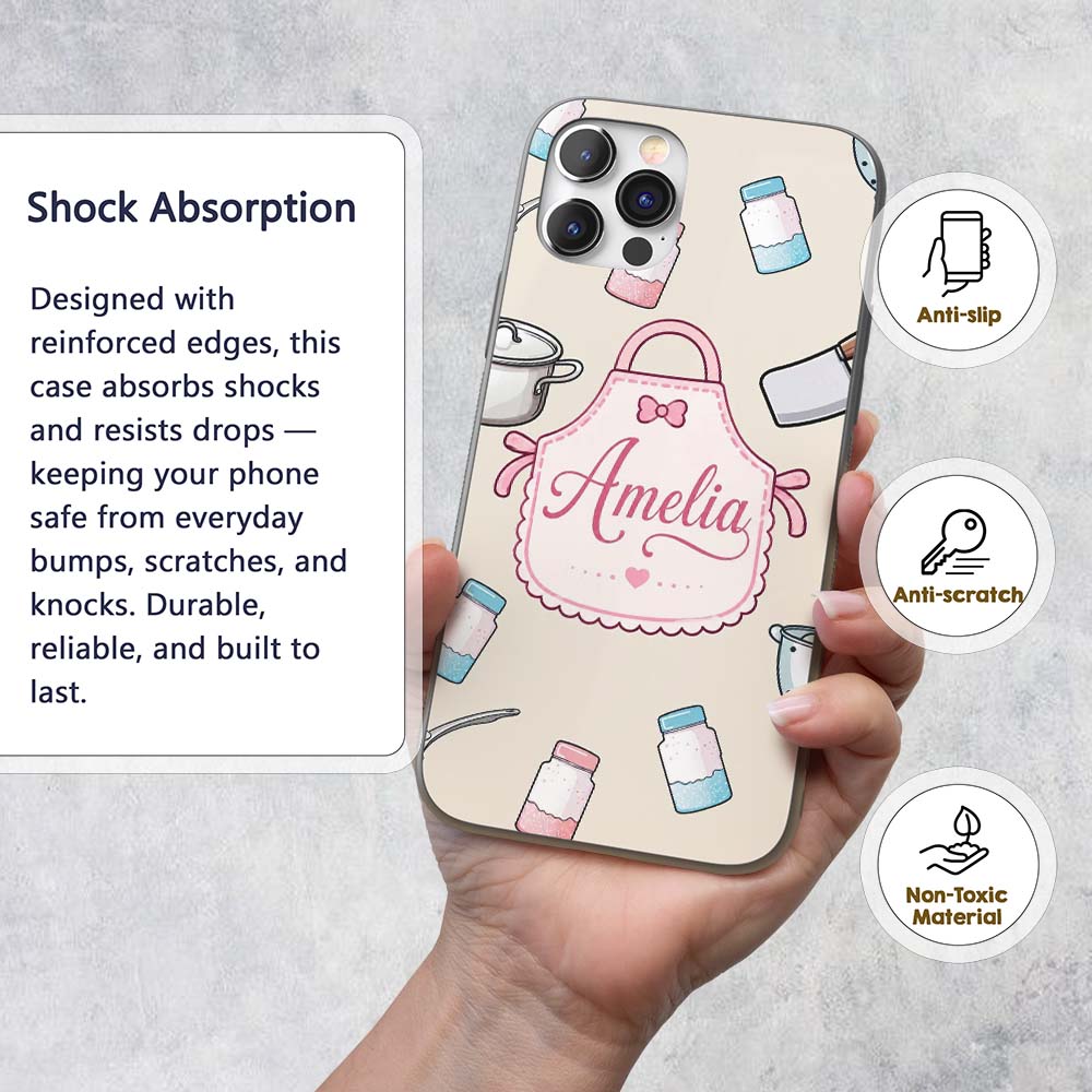 Cute Utensils Apron Cooking Seamless Pattern Name Custom Name Protective Phone Case Mobile Cover Durable Everyday Smartphone Shock Resistant