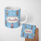 Personalized Custom Name Cute Nutcracker Soldiers Christmas Toy Characters Pattern Blue 11oz Ceramic Coffee Tea Mug White Large Handle