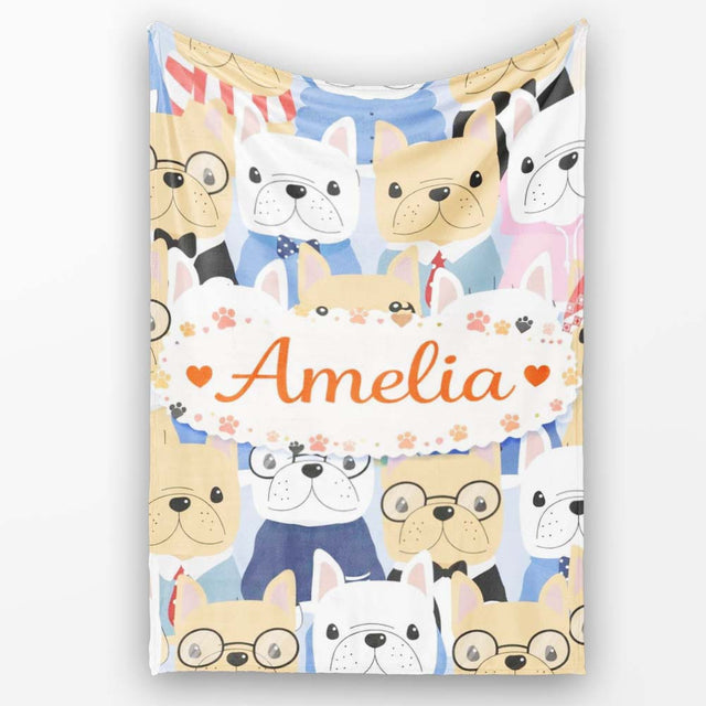 Stylish French Bulldog Dogs Fashion Outfit Seamless Pattern Lovely  Personalised Custom Name Super Soft Fleece Blanket Bed Sofa Throw