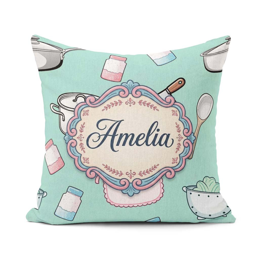 Custom Name Utensils Apron Cooking Teal Seamless Pattern Name Square Filled Cushion Throw Pillow Sofa Bed Home Decor Zip Washable UK Made