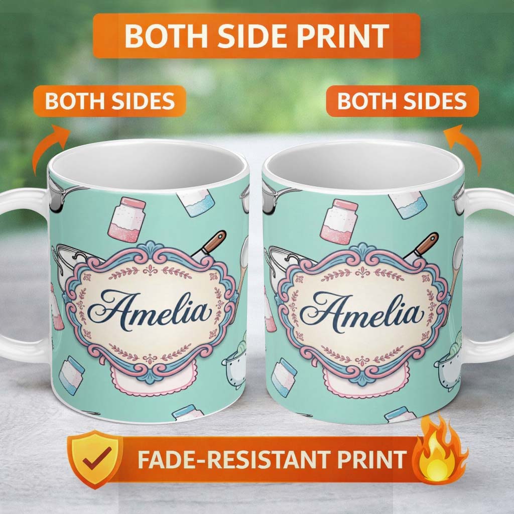 Personalized Custom Name Cute Kitchen Utensils Apron Cooking Teal Seamless Pattern Name 11oz Ceramic Coffee Tea Mug White Large Handle