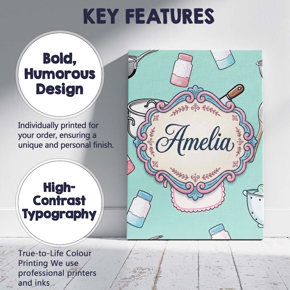 Personalised Name Cute Utensils Apron Custom Modern Room Accent Creative Decorator Style Canvas Wall Art Print Decor Picture Ready to Hang
