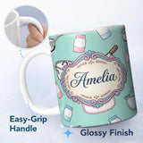Personalized Custom Name Cute Kitchen Utensils Apron Cooking Teal Seamless Pattern Name 11oz Ceramic Coffee Tea Mug White Large Handle