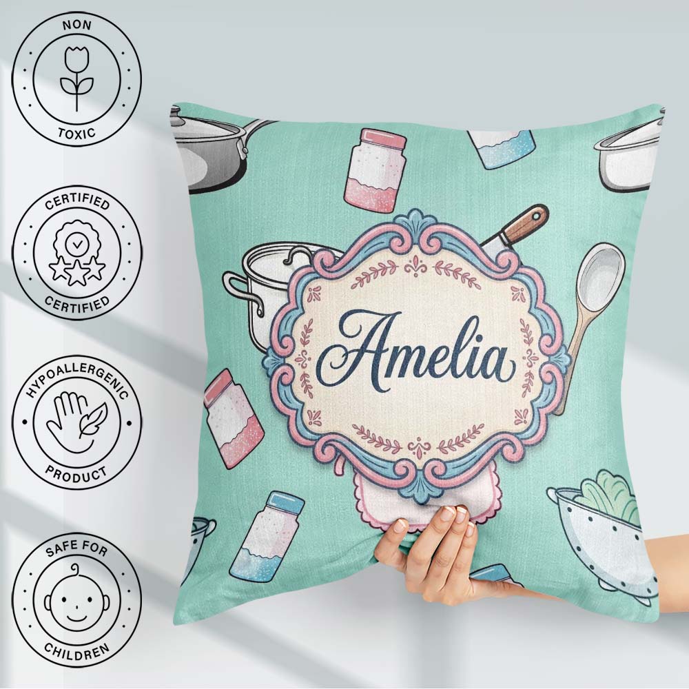 Custom Name Utensils Apron Cooking Teal Seamless Pattern Name Square Filled Cushion Throw Pillow Sofa Bed Home Decor Zip Washable UK Made