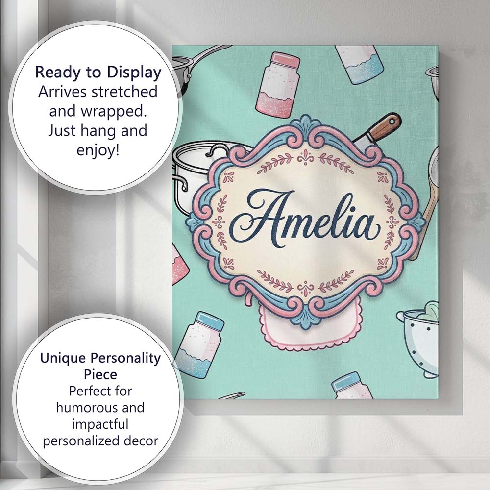 Personalised Name Cute Utensils Apron Custom Modern Room Accent Creative Decorator Style Canvas Wall Art Print Decor Picture Ready to Hang