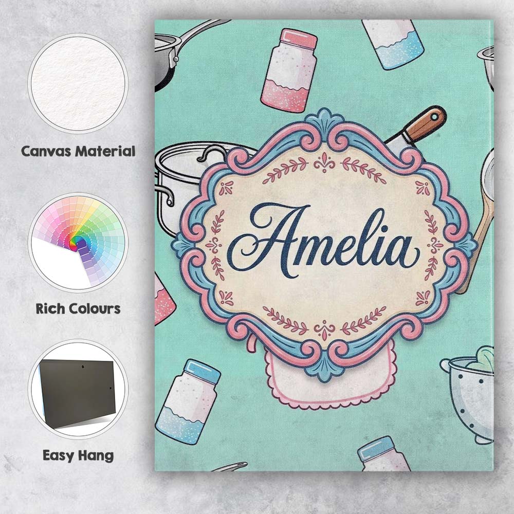 Personalised Name Cute Utensils Apron Custom Modern Room Accent Creative Decorator Style Canvas Wall Art Print Decor Picture Ready to Hang