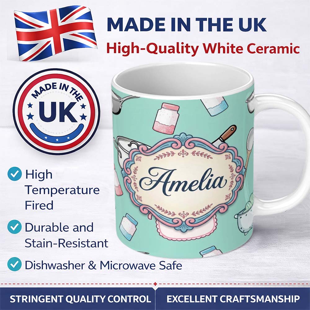 Personalized Custom Name Cute Kitchen Utensils Apron Cooking Teal Seamless Pattern Name 11oz Ceramic Coffee Tea Mug White Large Handle
