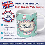 Personalized Custom Name Cute Kitchen Utensils Apron Cooking Teal Seamless Pattern Name 11oz Ceramic Coffee Tea Mug White Large Handle