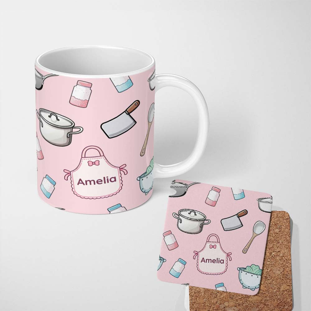 Personalized Custom Name Cute Kitchen Utensils Apron Cooking Pink Seamless Pattern Name 11oz Ceramic Coffee Tea Mug White Large Handle