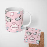 Personalized Custom Name Cute Kitchen Utensils Apron Cooking Pink Seamless Pattern Name 11oz Ceramic Coffee Tea Mug White Large Handle