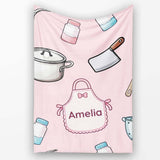 Cute  Utensils Apron Cooking Pink Seamless Pattern Name  Personalised Custom Name Super Soft Fleece Blanket Bed Sofa Throw