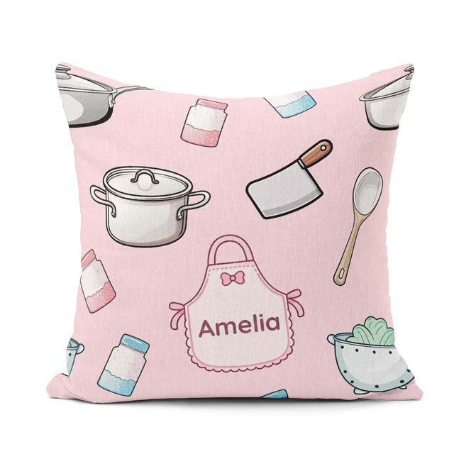 Custom Name Utensils Apron Cooking Pink Seamless Pattern Name Square Filled Cushion Throw Pillow Sofa Bed Home Decor Zip Washable UK Made