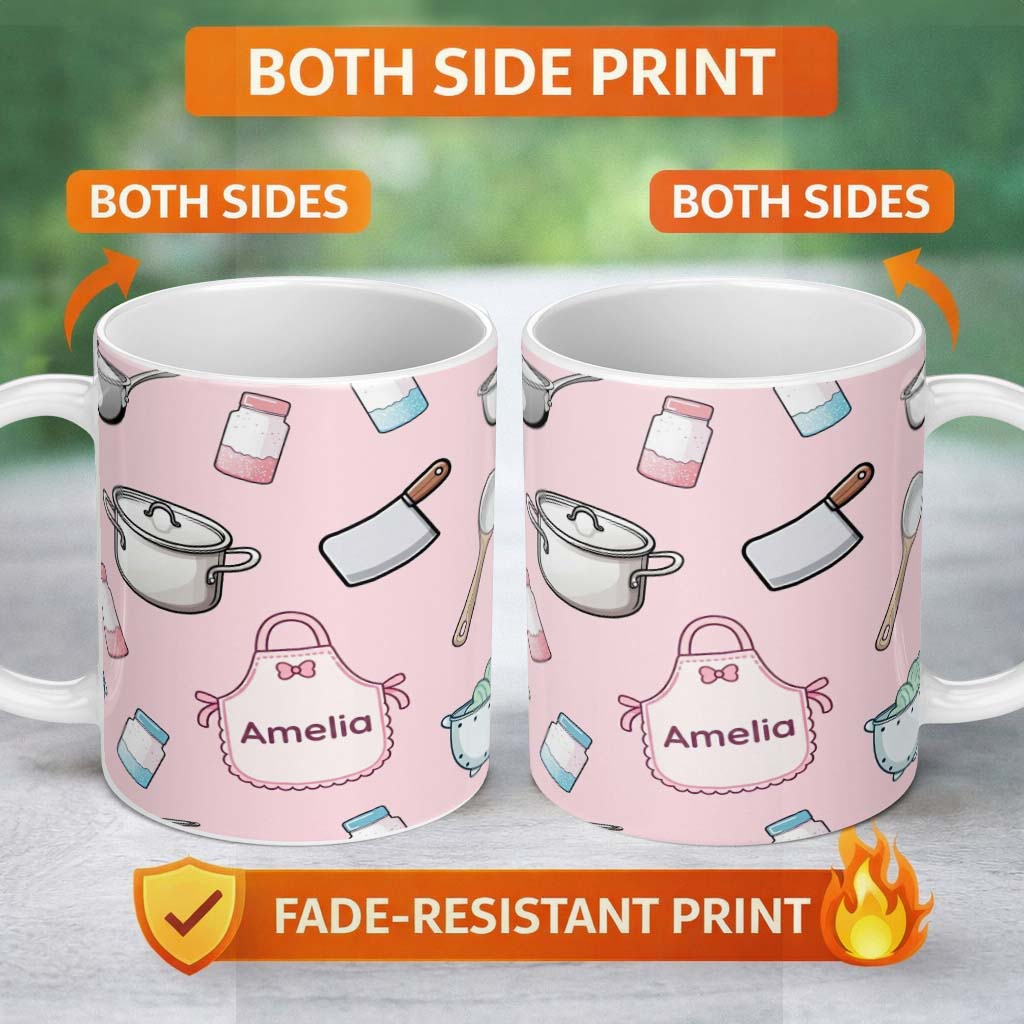 Personalized Custom Name Cute Kitchen Utensils Apron Cooking Pink Seamless Pattern Name 11oz Ceramic Coffee Tea Mug White Large Handle