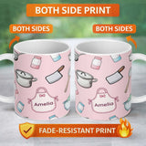 Personalized Custom Name Cute Kitchen Utensils Apron Cooking Pink Seamless Pattern Name 11oz Ceramic Coffee Tea Mug White Large Handle