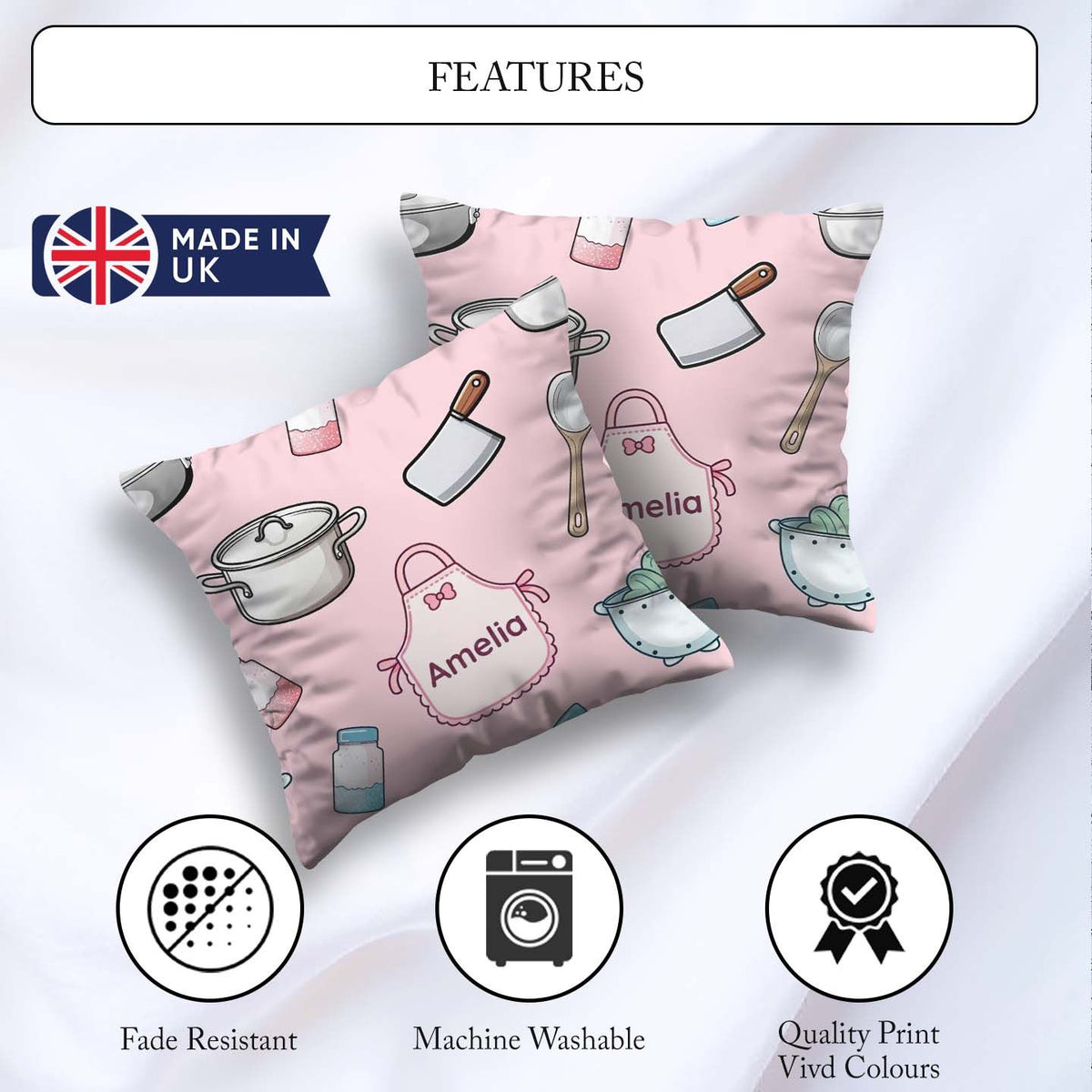 Custom Name Utensils Apron Cooking Pink Seamless Pattern Name Square Filled Cushion Throw Pillow Sofa Bed Home Decor Zip Washable UK Made