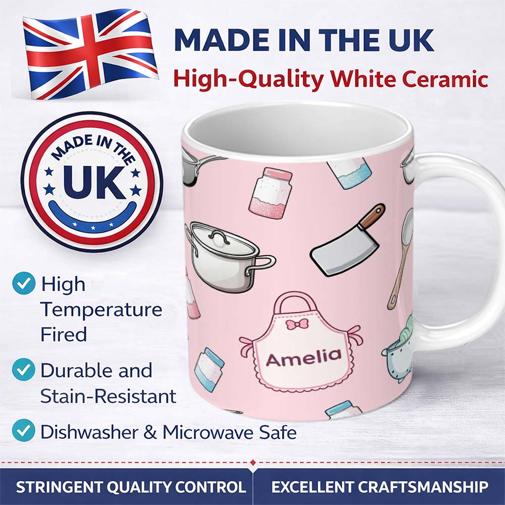 Personalized Custom Name Cute Kitchen Utensils Apron Cooking Pink Seamless Pattern Name 11oz Ceramic Coffee Tea Mug White Large Handle