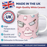 Personalized Custom Name Cute Kitchen Utensils Apron Cooking Pink Seamless Pattern Name 11oz Ceramic Coffee Tea Mug White Large Handle