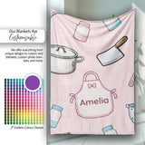 Cute  Utensils Apron Cooking Pink Seamless Pattern Name  Personalised Custom Name Super Soft Fleece Blanket Bed Sofa Throw
