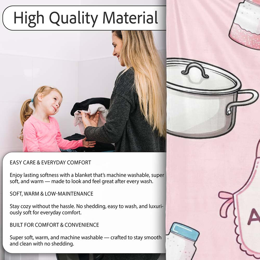 Cute  Utensils Apron Cooking Pink Seamless Pattern Name  Personalised Custom Name Super Soft Fleece Blanket Bed Sofa Throw