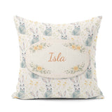 Custom Name Blue Cute Bunny Botanical Seamless Pattern Gift Idea Square Filled Cushion Throw Pillow Sofa Bed Home Decor Zip Washable UK Made