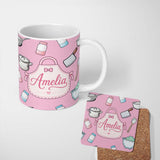 Personalized Custom Name Cute Kitchen Utensils Apron Cooking Soft Pink Seamless Pattern 11oz Ceramic Coffee Tea Mug White Large Handle