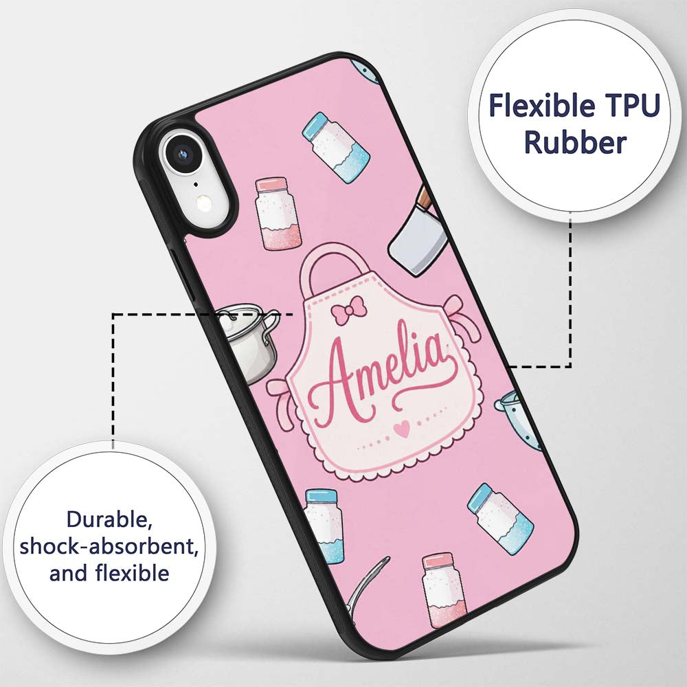 Cute Utensils Apron Cooking Soft Pink Seamless Custom Name Protective Phone Case Mobile Cover Durable Everyday Smartphone Shock Resistant