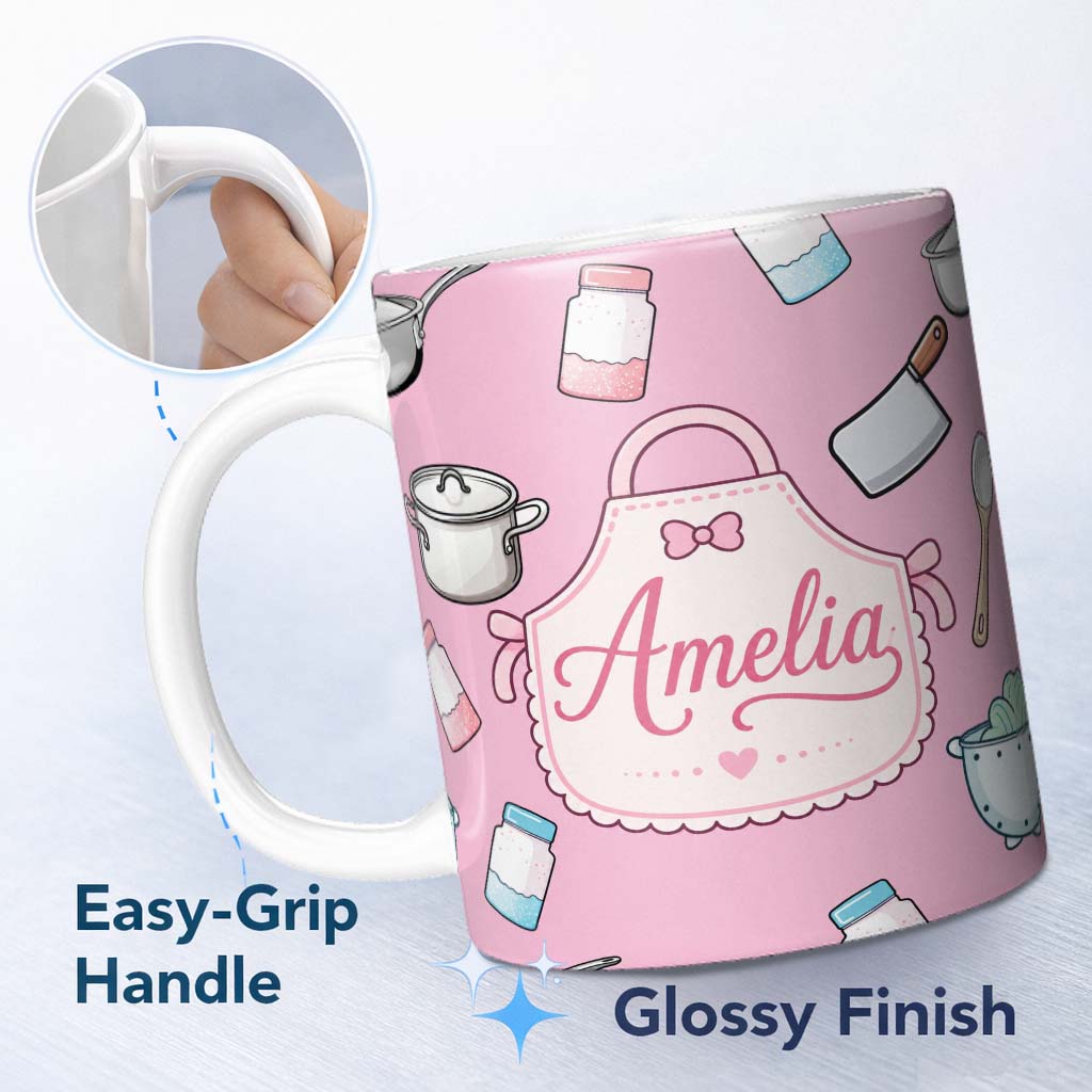 Personalized Custom Name Cute Kitchen Utensils Apron Cooking Soft Pink Seamless Pattern 11oz Ceramic Coffee Tea Mug White Large Handle