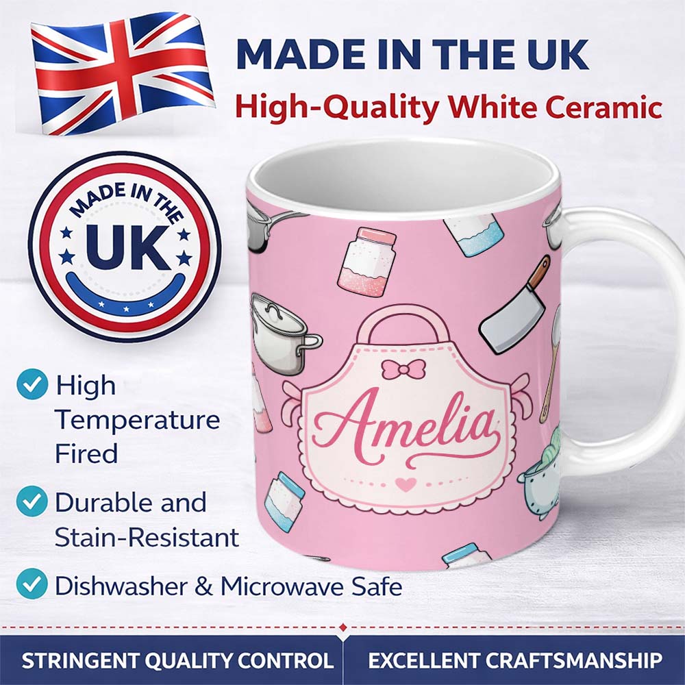 Personalized Custom Name Cute Kitchen Utensils Apron Cooking Soft Pink Seamless Pattern 11oz Ceramic Coffee Tea Mug White Large Handle