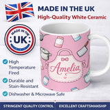 Personalized Custom Name Cute Kitchen Utensils Apron Cooking Soft Pink Seamless Pattern 11oz Ceramic Coffee Tea Mug White Large Handle