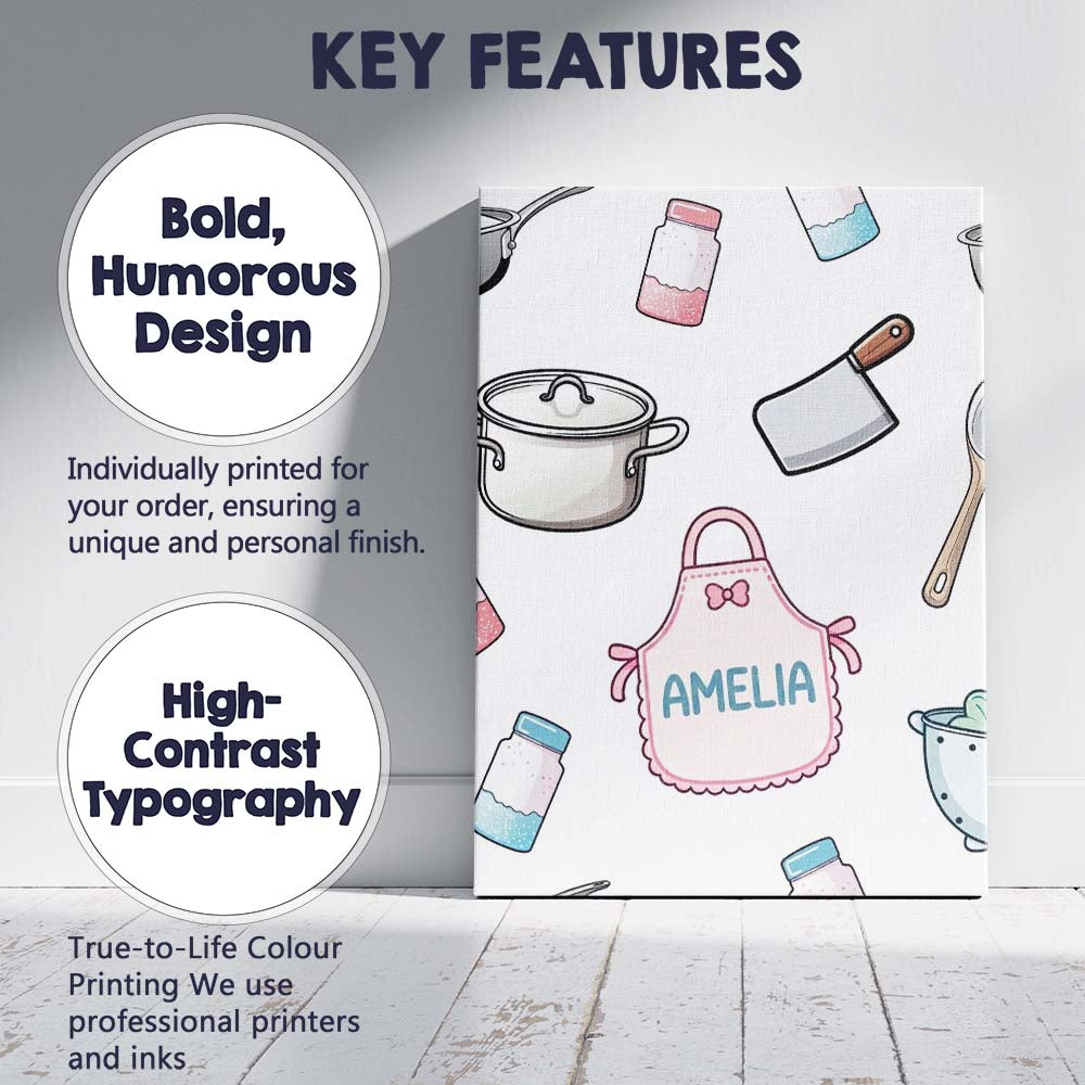Personalised Name Cute Utensils Apron Custom Modern Room Accent Creative Decorator Style Canvas Wall Art Print Decor Picture Ready to Hang