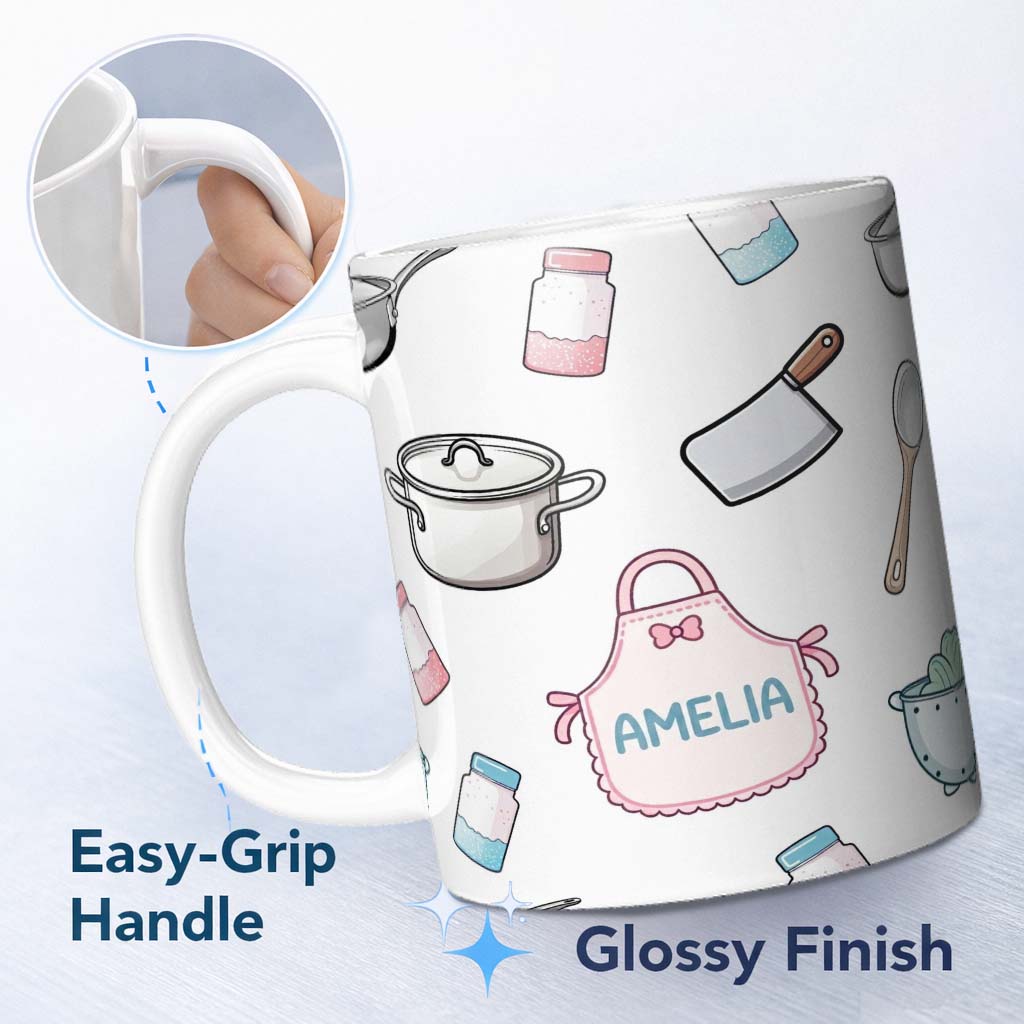 Personalized Custom Name Cute Kitchen Utensils Apron Cooking Light Grey Seamless Pattern Name 11oz Ceramic Coffee Tea Mug White Large Handle