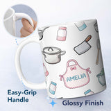 Personalized Custom Name Cute Kitchen Utensils Apron Cooking Light Grey Seamless Pattern Name 11oz Ceramic Coffee Tea Mug White Large Handle