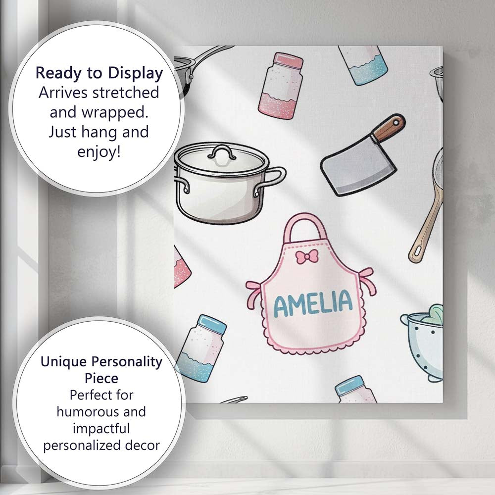 Personalised Name Cute Utensils Apron Custom Modern Room Accent Creative Decorator Style Canvas Wall Art Print Decor Picture Ready to Hang