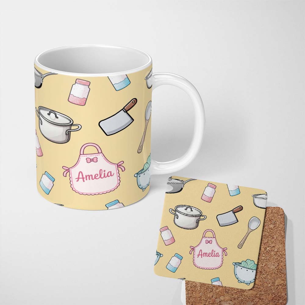 Personalized Custom Name Cute Kitchen Utensils Apron Cooking Yellow Seamless Pattern Name 11oz Ceramic Coffee Tea Mug White Large Handle