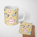 Personalized Custom Name Cute Kitchen Utensils Apron Cooking Yellow Seamless Pattern Name 11oz Ceramic Coffee Tea Mug White Large Handle