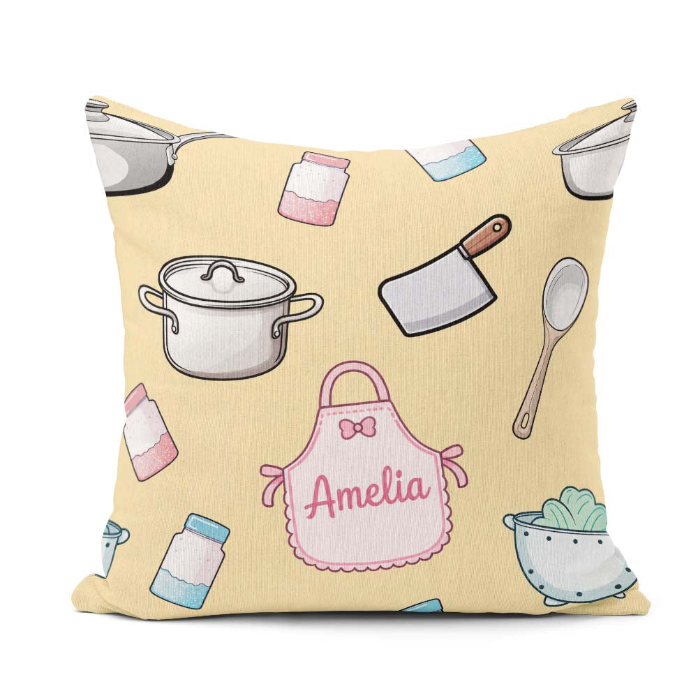 Custom Name Utensils Apron Cooking Yellow Seamless Pattern Name Square Filled Cushion Throw Pillow Sofa Bed Home Decor Zip Washable UK Made