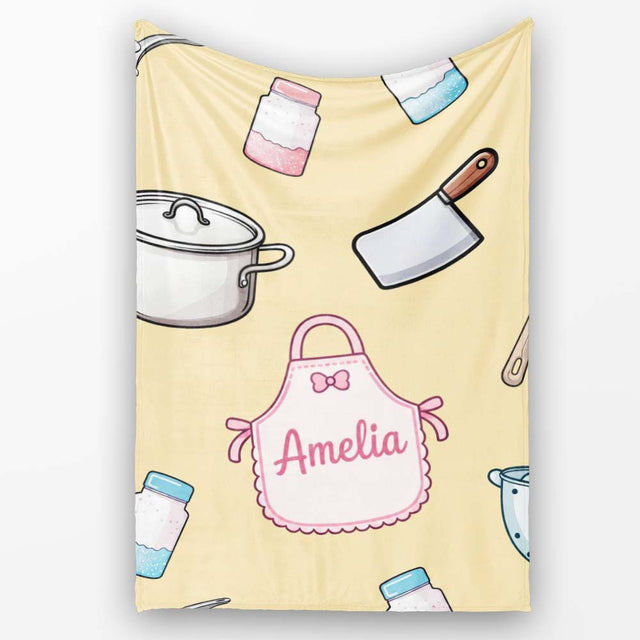Cute  Utensils Apron Cooking Yellow Seamless Pattern Name  Personalised Custom Name Super Soft Fleece Blanket Bed Sofa Throw