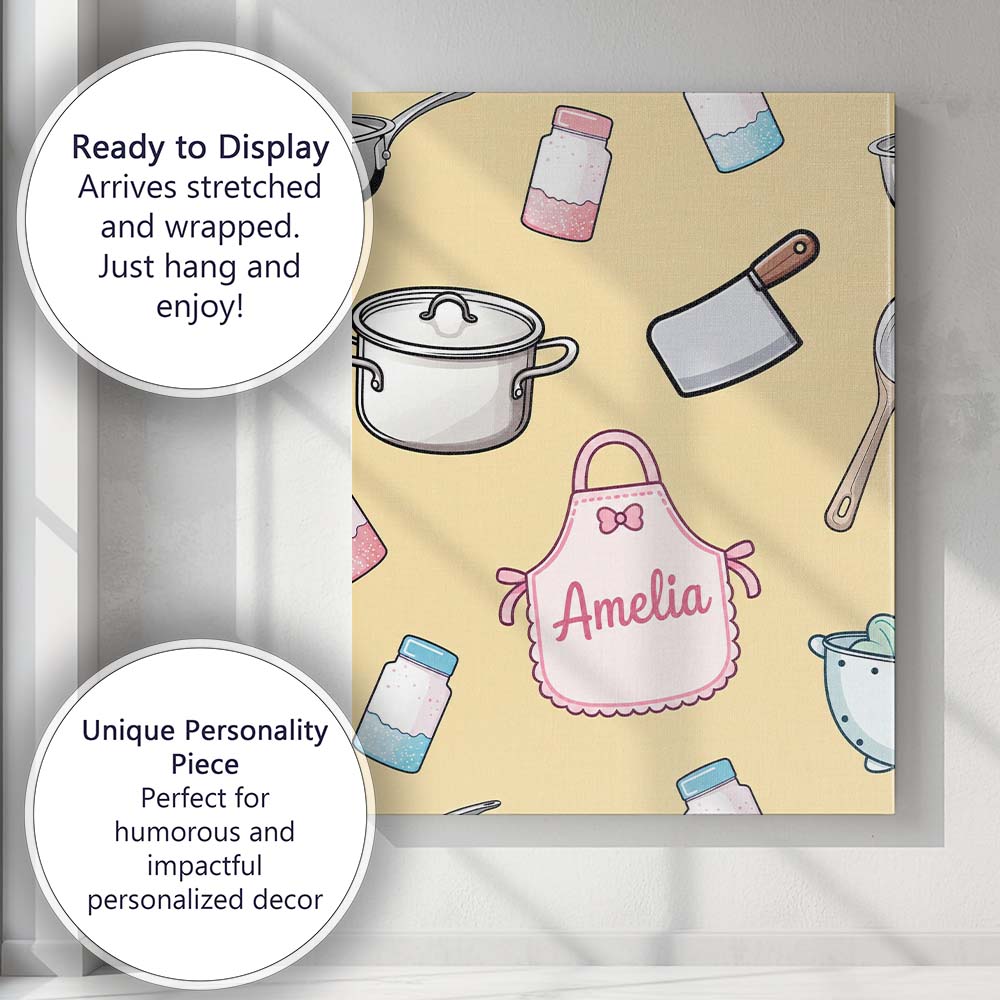 Personalised Name Cute Utensils Apron Custom Modern Room Accent Creative Decorator Style Canvas Wall Art Print Decor Picture Ready to Hang